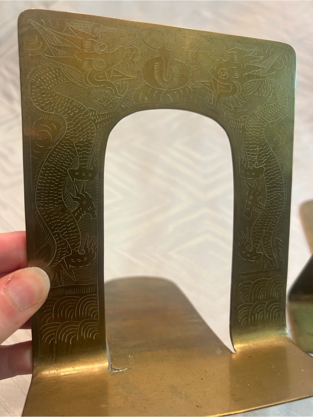 Vintage Mid Century Brass Bookends with Dragon Etching